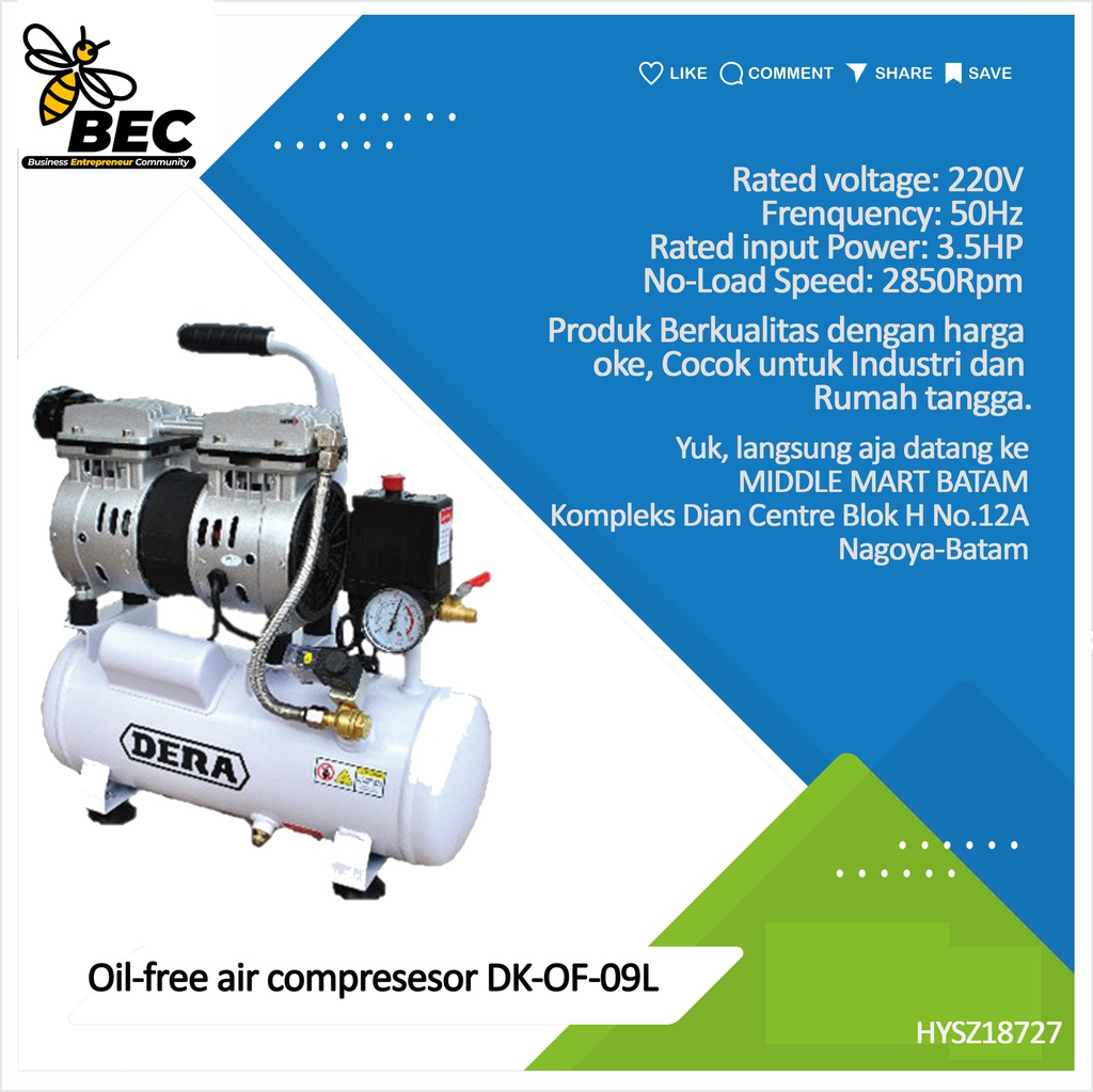 Oil-free air compressor DK-OF-09L Exhaust pressure 0.8Mpa Rated voltage 220V Frequency 50Hz Rated input power 800W No-load speed 2850Rpm Air tank capacity 15L G.W./PCS 22.35kg / 1Pc