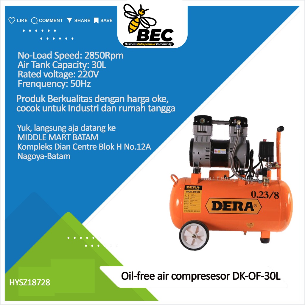 Oil-free air compressor DK-OF-30L Exhaust pressure 0.8Mpa Rated voltage 220V Frequency 50Hz Rated input power 980W No-load speed 2850Rpm Air tank capacity 30L G.W./PCS 26.5kg / 1Pc