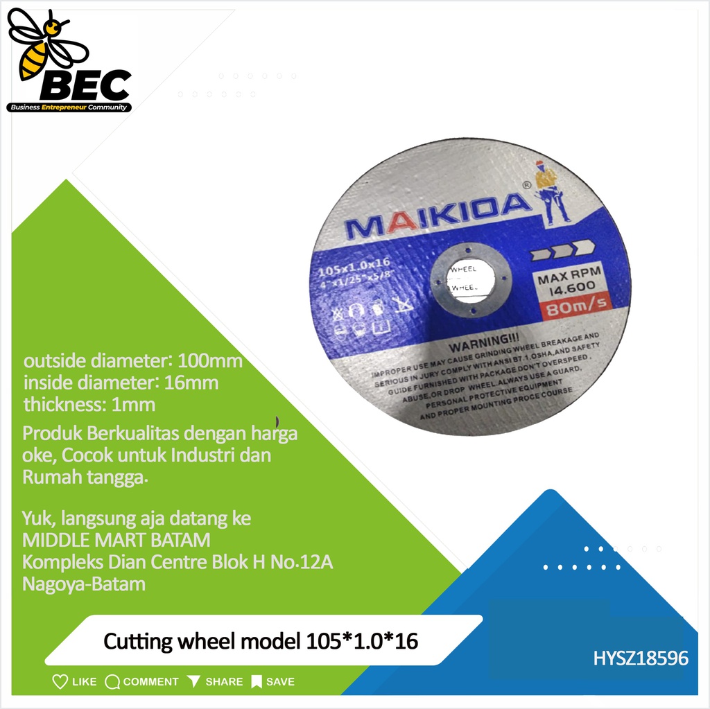 Cutting wheel  Model 105*1.0*16 outside diameter 100 (mm) inside diameter 16 (mm) thickness 1 (mm)