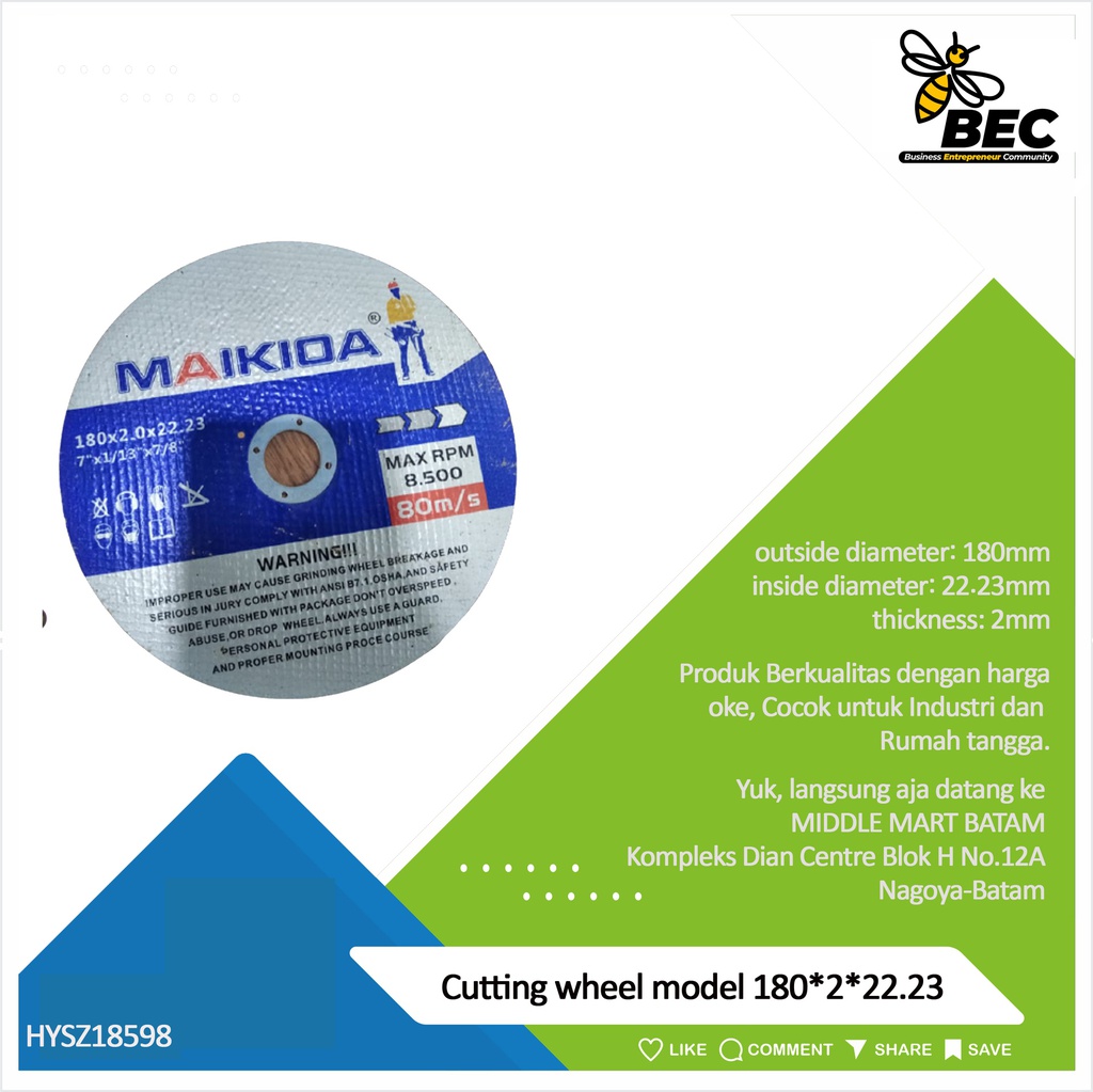 Cutting wheel  Model  180*2*22.23 outside diameter 180 (mm) inside diameter 22.23 (mm) thickness 2 (mm)