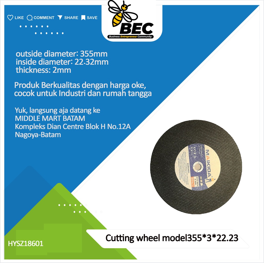 Cutting wheel Model355*3*22.23outside diameter 355(mm) inside diameter 22.23 (mm) thickness 3 (mm)