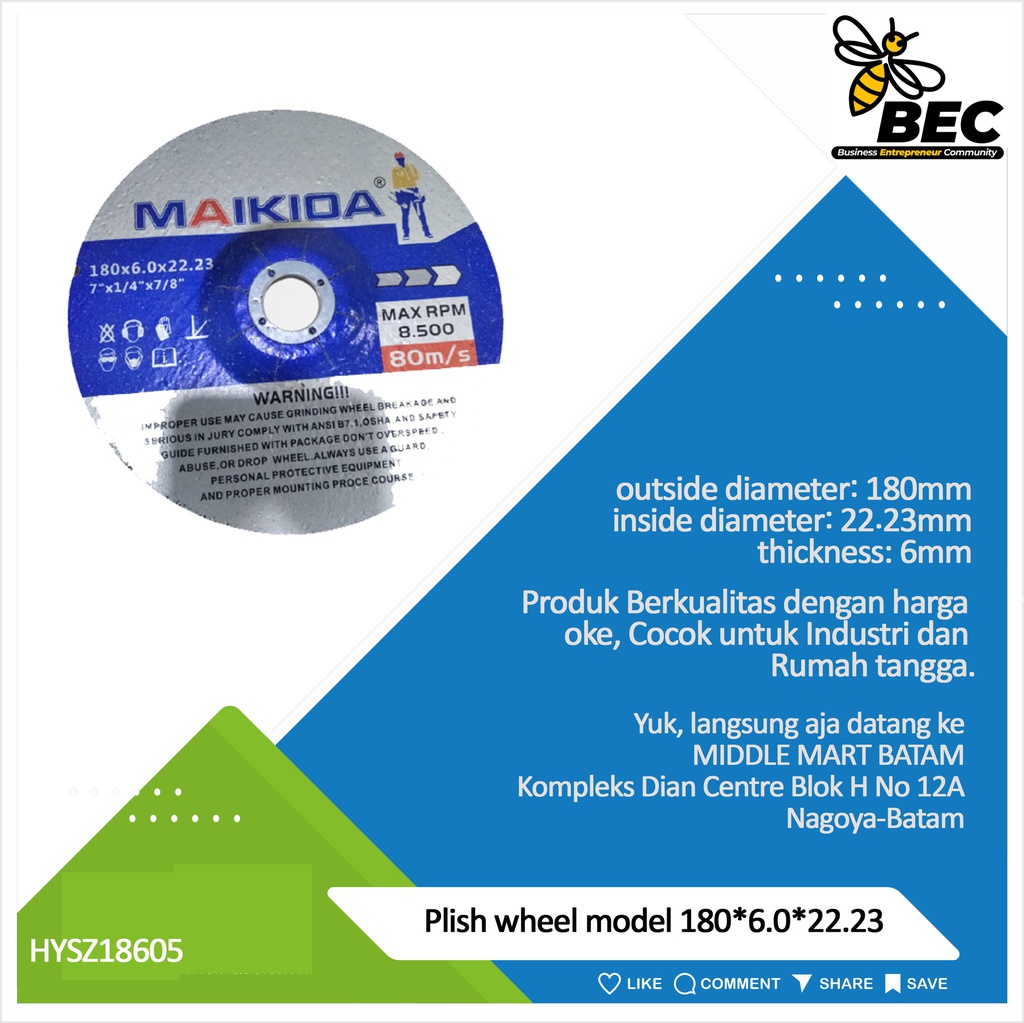 Plish wheel Model 180*6.0*22.23 outside diameter 180(mm) inside diameter 22.23 (mm) thickness 6 (mm)