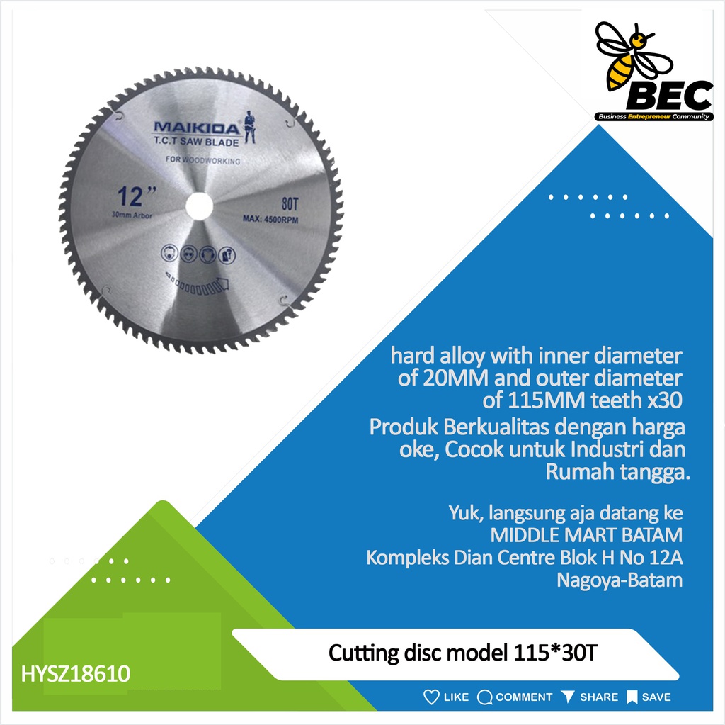 Cutting disc Model 115*30T hard alloy with inner diameter of 20MM and outer diameter of 115MM teeth x30
