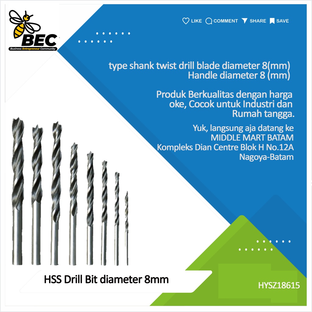 HSS Drill Bit Texture High Speed Steel Type Straight Shank Twist Drill Blade Diameter 8 (mm) Handle Diameter 8 (mm)