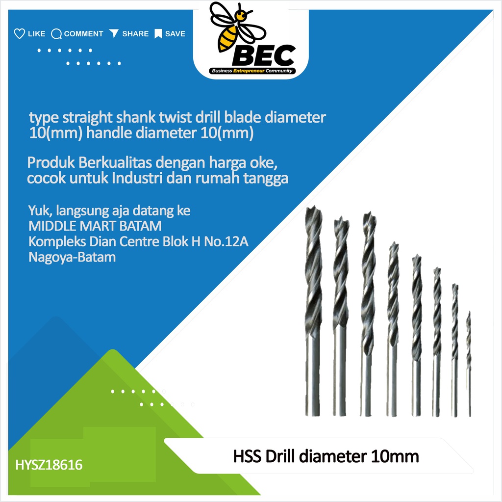 HSS Drill Bit Texture High Speed Steel Type Straight Shank Twist Drill Blade Diameter 10 (mm) Handle Diameter 10 (mm)