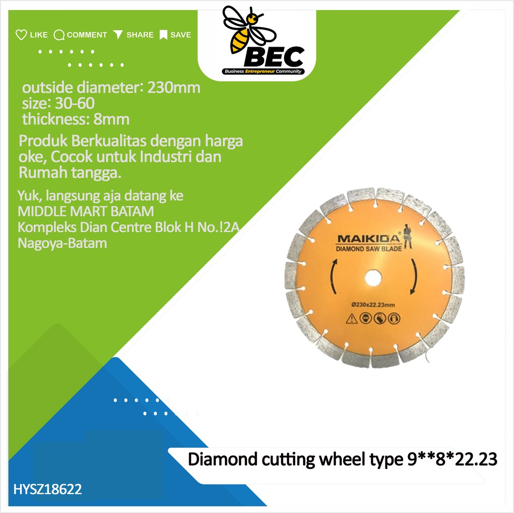 Diamond cutting wheel  Type 9&quot;*8*22.23 outside diameter 230MM material diamond inner diameter22.23(mm) particle size 30-60 thickness 8 (mm) applicable scope stone material universal concrete tile ceramics