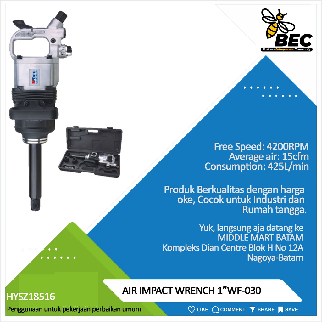 AIR IMPACT  WRENCH 1&quot;   WF-030   Free Speed  4200RPM ,Average air  15cfm Consumption  425L/min