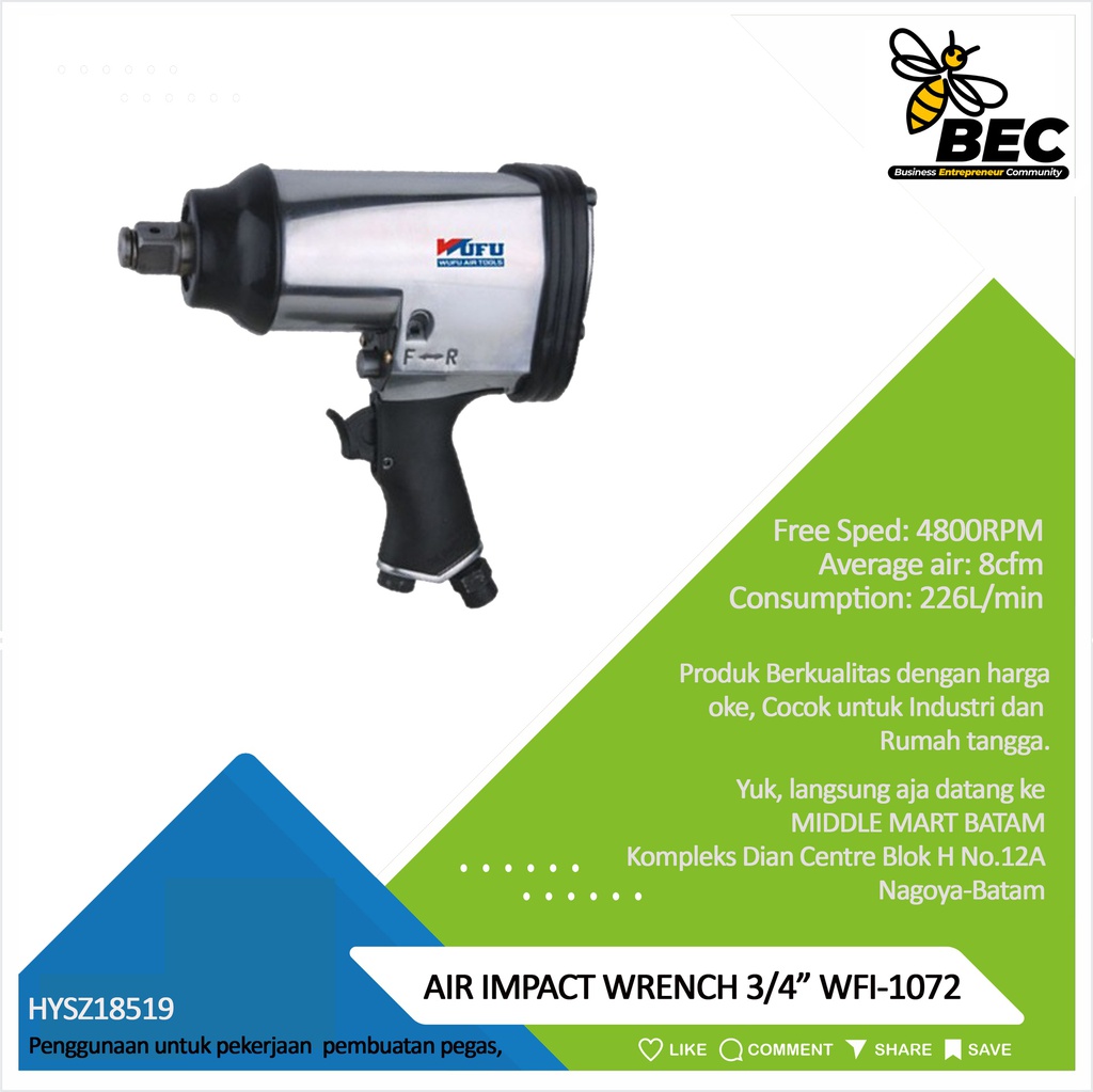 AIR IMPACT  WRENCH  3/4&quot; WFI-1072  Free Speed  4800RPM ,Average air 8cfm Consumption  226L/min