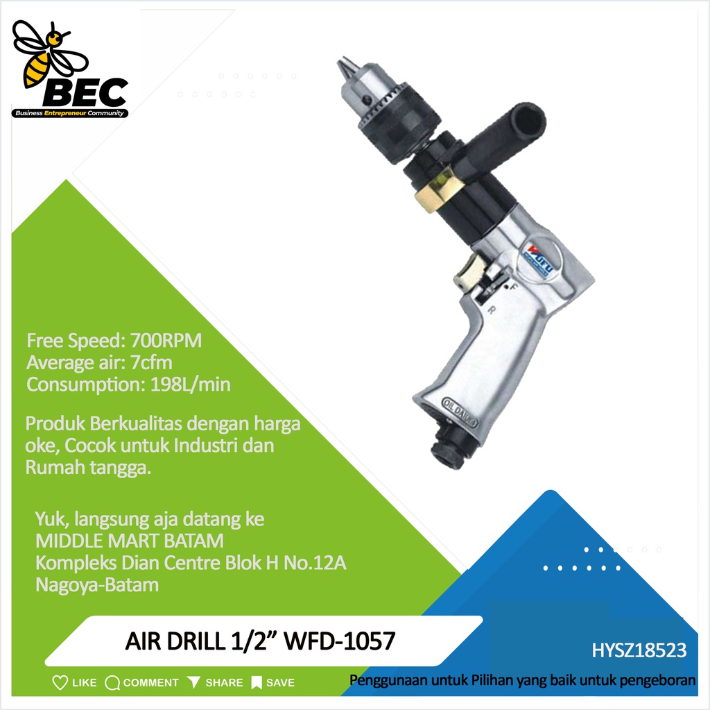 AIR  DRILL 1/2&quot; WFD-1057 Free Speed  700RPM  Average air 7cfm Consumption 198L/min