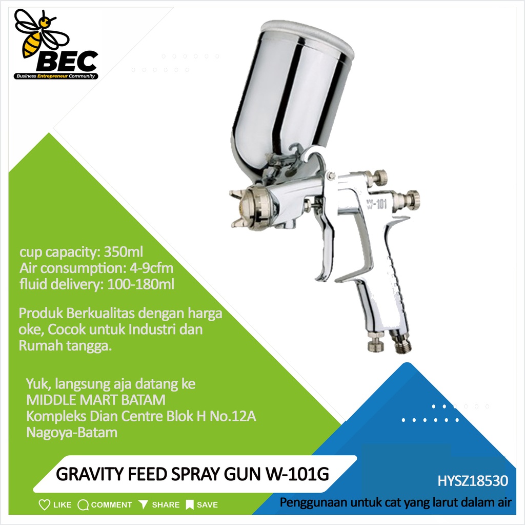 GRAVITY FEED SPRAY GUN  W-101G   air consumption(100%):4-9cfm  cup capacity:350ml  nozzle size:1.3mm 1.5mm  fluid (water) delivery:100-180ml/min