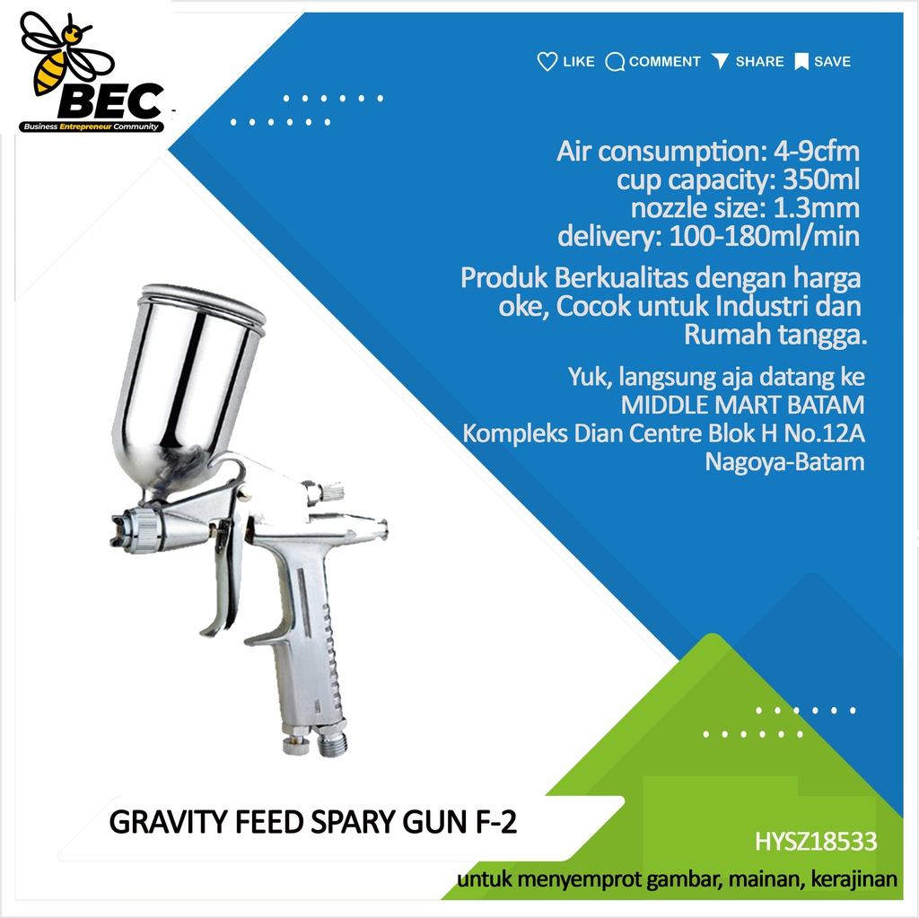GRAVITY FEED SPRAY GUN  F-2   air consumption(100%):4-9cfm  cup capacity:350ml  nozzle size:1.3mm 1.5mm  fluid (water) delivery:100-180ml/min