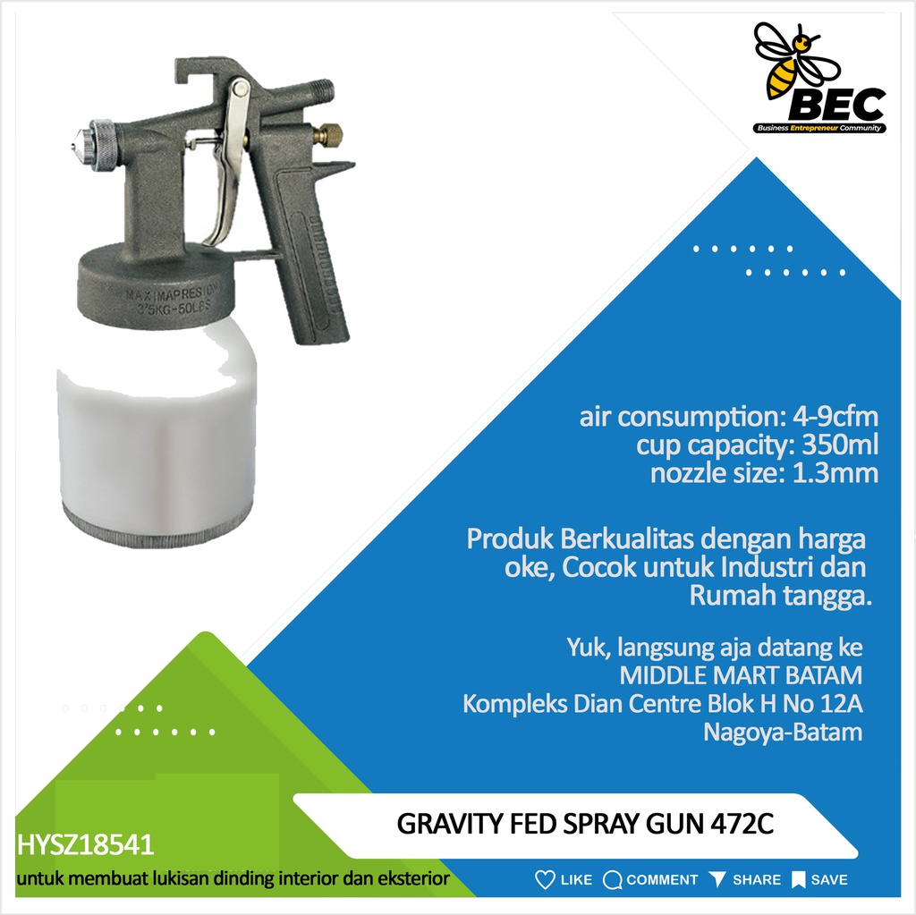 GRAVITY FEED SPRAY GUN 472C   air consumption(100%) :2-6 cfm cup capacity:350 ml nozzle size:1.3mm 1.5mm  fluid (water) delivery:160-260ml/min
