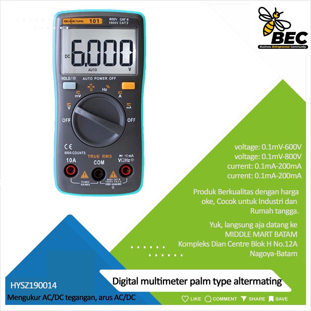 Digital multimeter palm type Alternating voltage：0.1mV-600V Direct voltage：0.1mV-800V Direct current:0.1mA-200mA Alternating current:0.1mA-200mA Resistance:0.1Ω-20MΩ