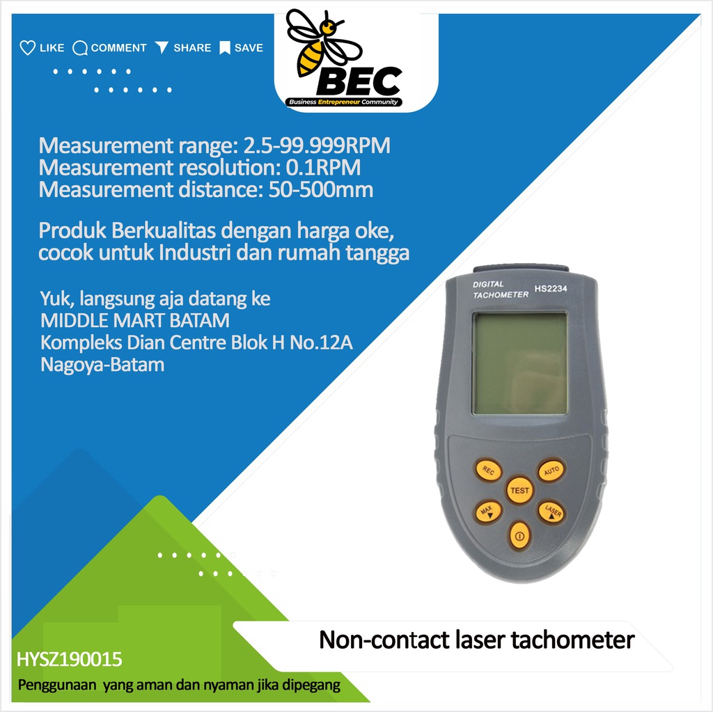 Non-contact laser tachometer Measurement range :2.5-99.999 RPM Measurement resolution :0.1 RPM  Effective measurement distance :50-500mm