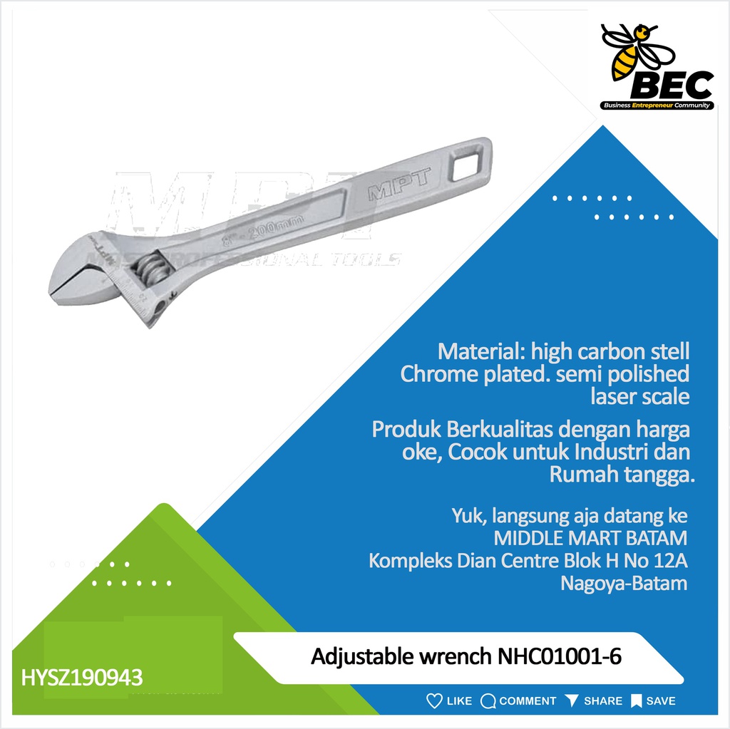 Adjustable wrench NHC01001-6. Size:6&quot;/150 mm. Material: High carbon steel. Chrome plated.semi polished.laser scale