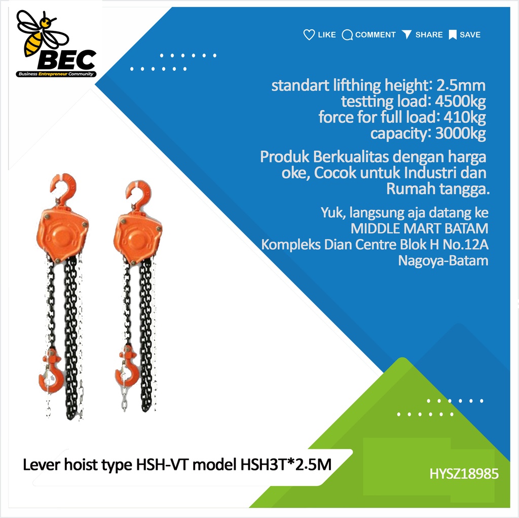 Lever hoist,type:HSH-VT, model:HSH3T*2.5 M,capacity:6000 kg,standard lifting height:2.5 m,testing load:7500kg,force for full load:410 kg,load chain:dia 9*pitch27mm,Hmin headroom:650 mm,handle length:410mm,N.W/G.W:17/19KG,Package size:48*21*23cm