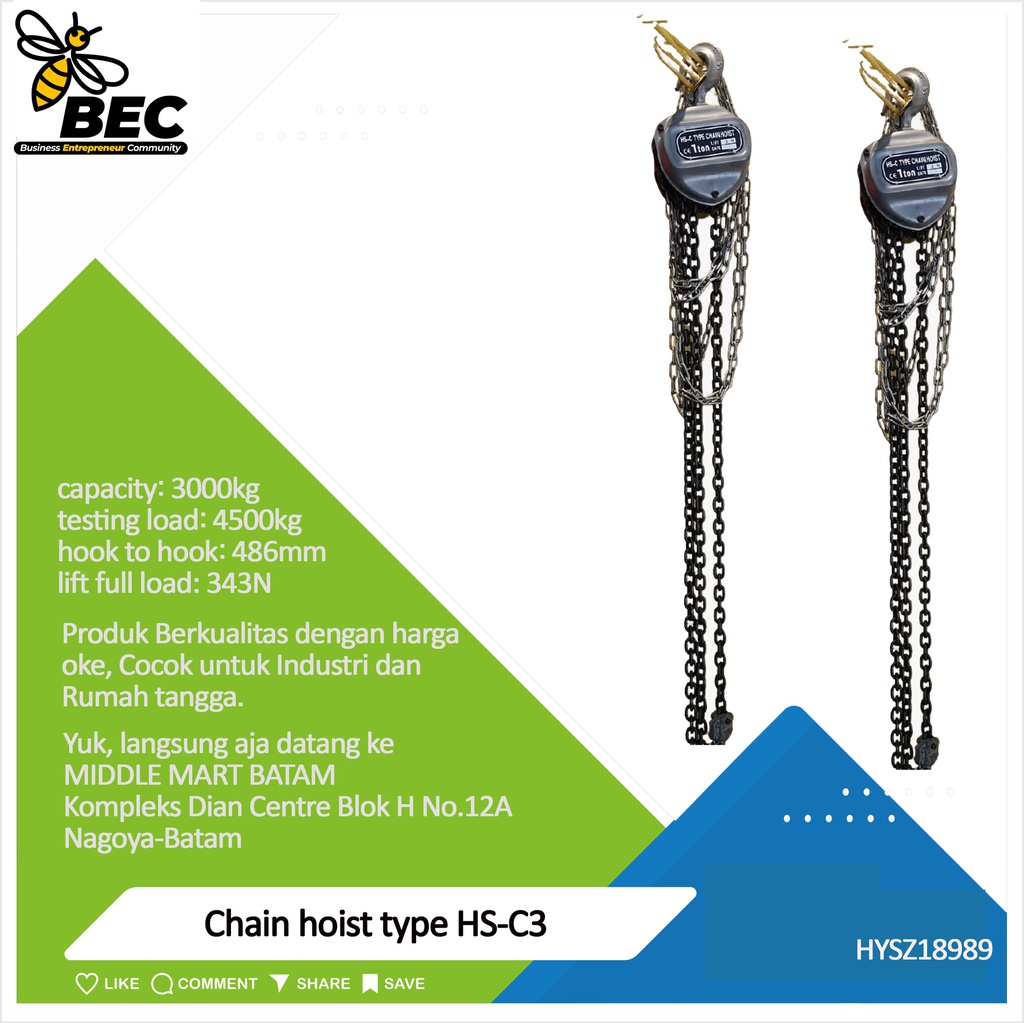 chain hoist,type:HS-C3, capacity:3000kg*5m,standard lifting height:5m,testing load:4500kg,hook to hook:486mm,chainpull to lift full load:343N,diameter of loading chain:8mm,No.of laod chain fall lines:2,N.W/G.W:30/32KG,Package size:43*25*20cm