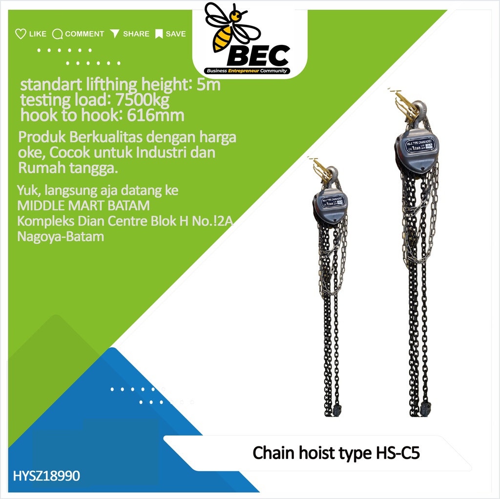 chain hoist,type:HS-C5, capacity:5000kg*5m,standard lifting height:5m,testing load:7500kg,hook to hook:616mm,chainpull to lift full load:383N,diameter of loading chain:10mm,No.of laod chain fall lines:2,N.W/G.W:47/50KG,Package size:45*32*22cm