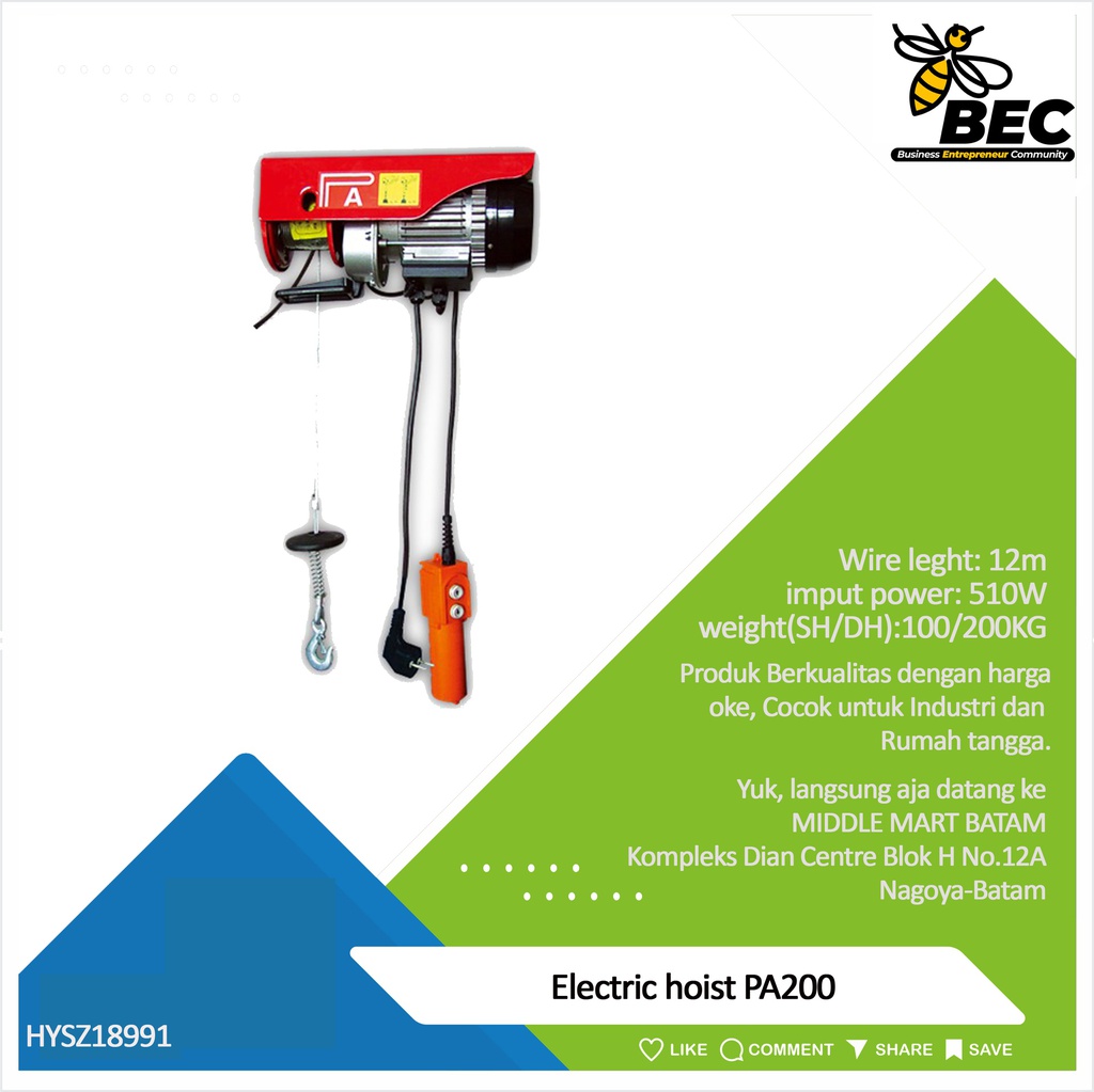 Electric hoist，type：PA200,wire length:12m, rated voltage:220/230V,imput power:510W,220v,50Hz,rated lifting weight(SH/DH):100/200KG,lifting speed(SH/DH):10/5m/min,lifting height(SH/DH):12/6m,N.W./G.W:10/11KG,package size:36*14*22cm