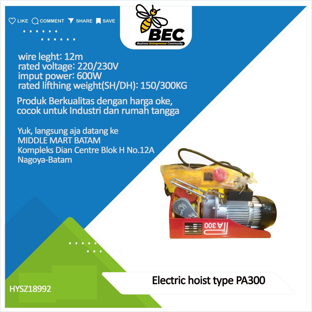 Electric hoist，type：PA300,wire length:12m, rated voltage:220/230V,imput power:600W,220v,50Hz,rated lifting weight(SH/DH):150/300KG,lifting speed(SH/DH):10/5m/min,lifting height(SH/DH):12/6m,N.W./G.W:11/12KG,package size:36*14*22cm