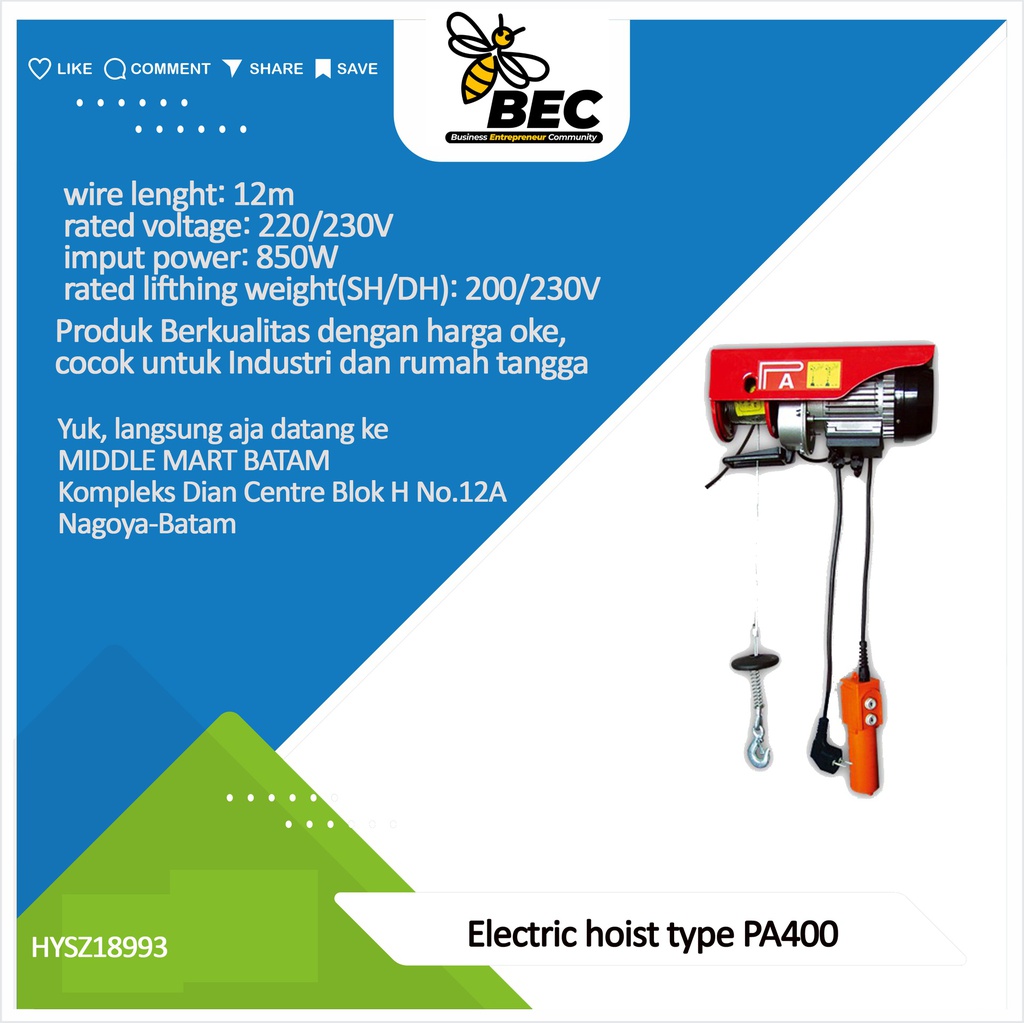 Electric hoist，type：PA400,wire length:12m, rated voltage:220/230V,imput power:850W,220v,50Hz,rated lifting weight(SH/DH):200/400KG,lifting speed(SH/DH):10/5m/min,lifting height(SH/DH):12/6m,N.W./G.W:15/15.5KG,package size:42*15*25cm