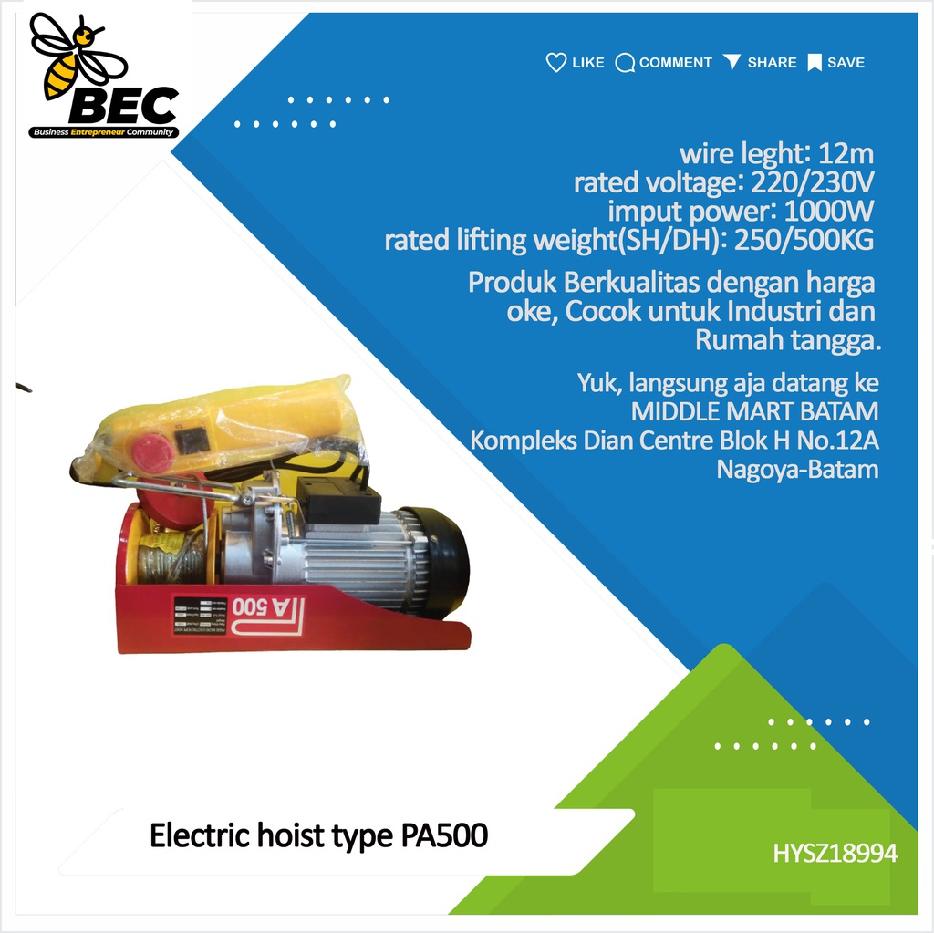 Electric hoist，type：PA500,wire length:12m, rated voltage:220/230V,imput power:1000W,220v,50Hz,rated lifting weight(SH/DH):250/500KG,lifting speed(SH/DH):10/5m/min,lifting height(SH/DH):12/6m,N.W./G.W:16/16.5KG,package size:42*15*25cm