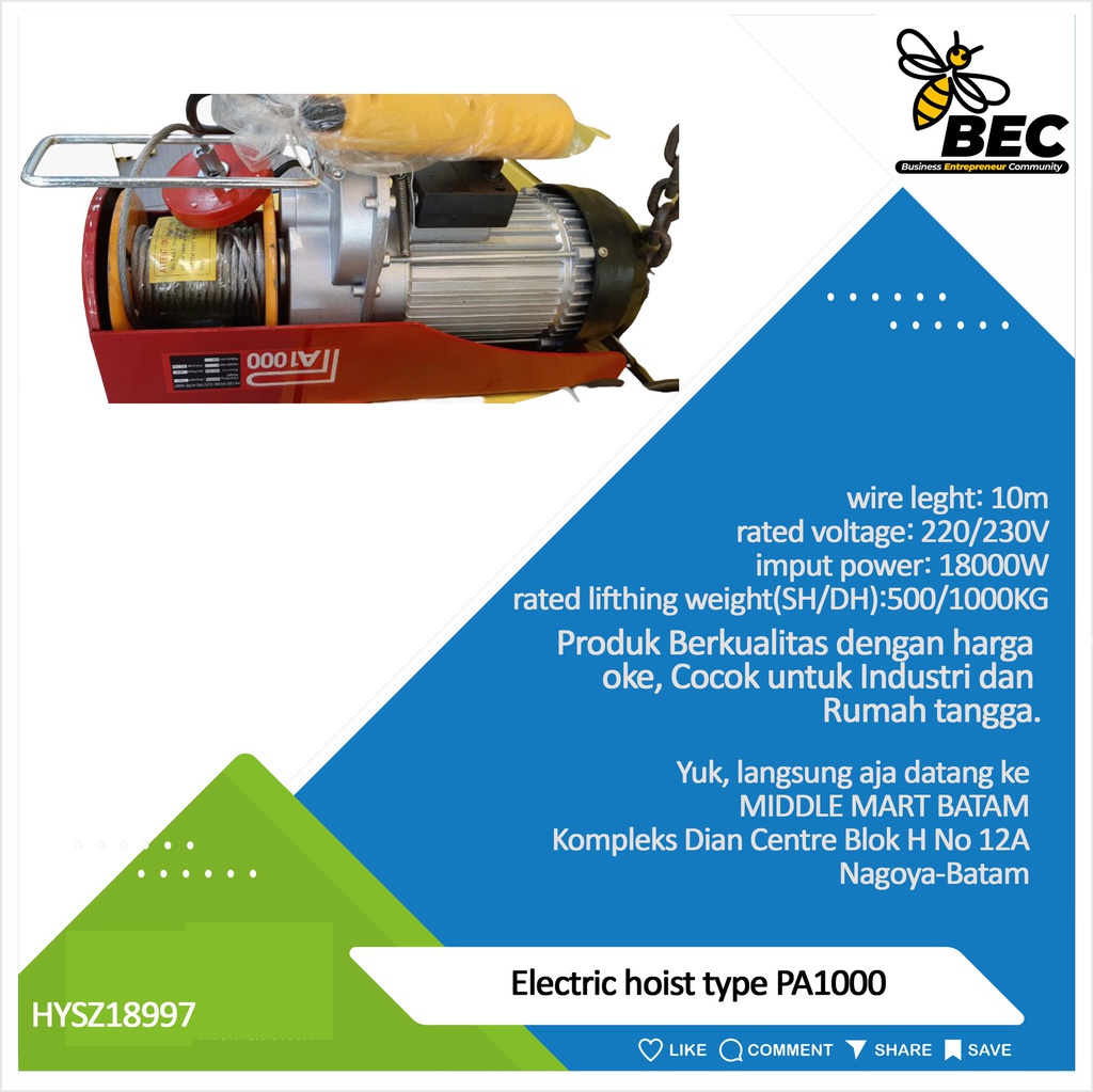 Electric hoist，type：PA1000,wire length:10m,rated voltage:220/230V,imput power:1800W,220v,50Hz,rated lifting weight(SH/DH):500/1000KG,lifting speed(SH/DH):10/5m/min,lifting height(SH/DH):12/6m,N.W./G.W:29/30KG,package size:55*24*31cm