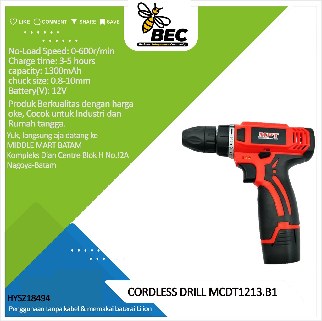 CORDLESS DRILL MCDT1213.B1 Battery(v):12V   No Load Speed:0-600r/min chuck size:0.8-10mm charge time:3-5hours  Battery  capacity:1300mAh  