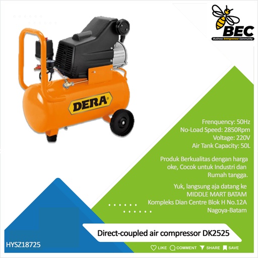 [HYSZ18725] Direct-coupled air compressor DK2525 Discharge Pressure 0.8Mpa Rated Voltage 220V Frequency 50Hz  Rated Input Power 2.5HP No-Load Speed 2850Rpm  Air Tank Capacity 25L  G.W./PCS 19.5kg/1Pc  