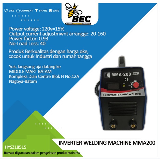 [HYSZ18515] INVERTER WELING MACHINE type：MMA200
Power voltage 220V±15%
Rate input current(A) 36@220v
No-load voltage(V) 68
Output current adjustmwnt arrange(A) 20-200
Rate output voltage(V) 29.6
Duty cycle(%) 60
Efficiency(%) 85
Power factor 0.93
No-load loss(w) 40
