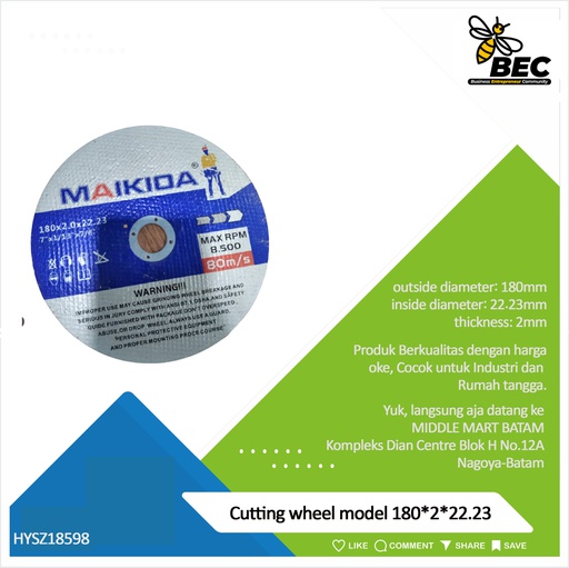 [HYSZ18598] Cutting wheel  Model  180*2*22.23 outside diameter 180 (mm) inside diameter 22.23 (mm) thickness 2 (mm)