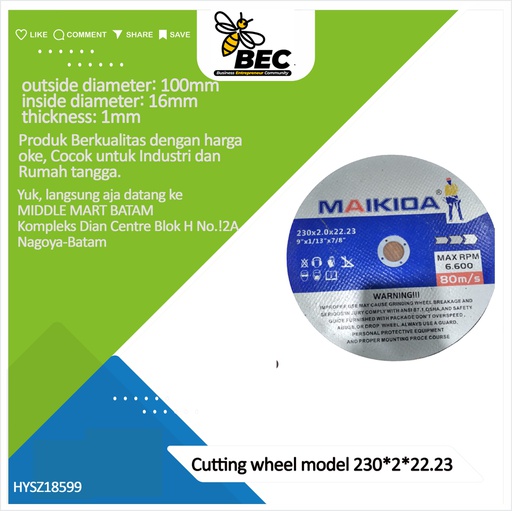 [HYSZ18599] Cutting wheel Model230*2*22.23outside diameter 230 (mm) inside diameter 22.23 (mm) thickness 2 (mm)