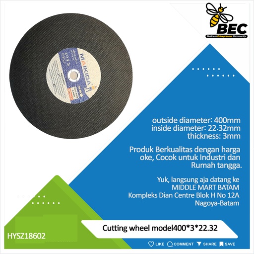 [HYSZ18602] Cutting wheel Model 400*3*22.23 outside diameter 400(mm) inside diameter 22.23 (mm) thickness 3 (mm)