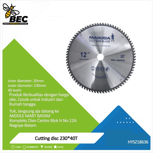 [HYSZ18636] Cutting disc  230*40T Material Carbide Inner diameter 20MM Outer diameter 230MM 40 teeth