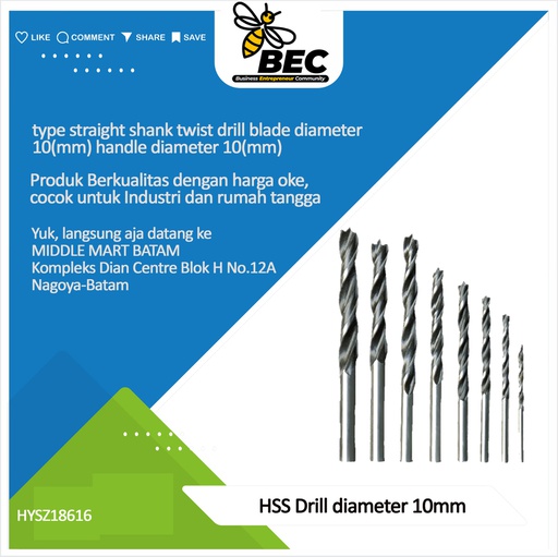 [HYSZ18616] HSS Drill Bit Texture High Speed Steel Type Straight Shank Twist Drill Blade Diameter 10 (mm) Handle Diameter 10 (mm)