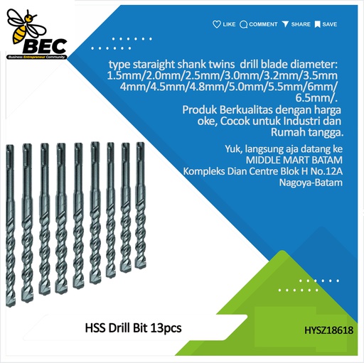 [HYSZ18618] HSS Drill Bit 13 pcs set  texture  High speed steel  Type straight shank twist drill blade diameter 1.5mm/2.0mm/2.5mm/3.0mm/3.2mm/3.5mm/4mm/4.5mm/4.8mm/5.0mm/5.5mm/6mm/6.5mm Handle diameter1.5mm/2.0mm/2.5mm/3.0mm/3.2mm/3.5mm/4mm/4.5mm/4.8mm/5.0mm/5.5mm/6mm