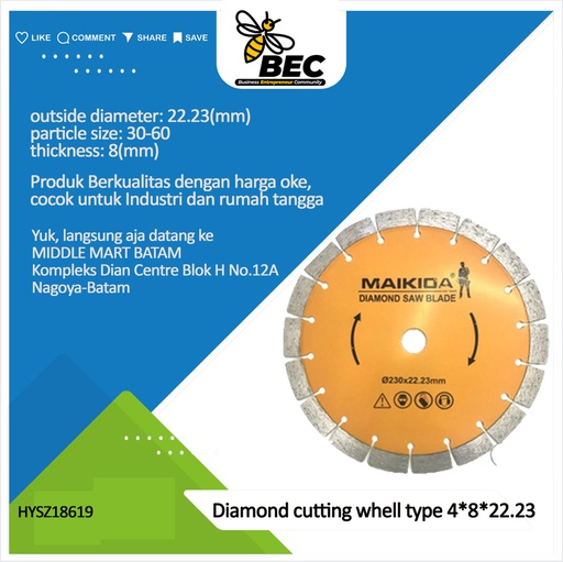 [HYSZ18619] Diamond cutting wheel  Type 4&quot;*8*22.23 outside diameter 100MM material diamond inner diameter 22.23(mm) particle size 30-60 thickness 8 (mm) applicable scope stone material universal concrete tile ceramics