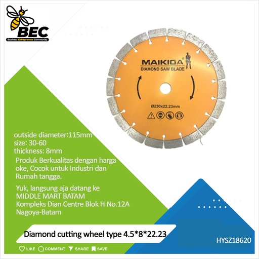 [HYSZ18620] Diamond cutting wheel  Type 4.5&quot;*8*22.23 outside diameter 115MM material diamond inner diameter22.23(mm) particle size 30-60 thickness 8 (mm) applicable scope stone material universal concrete tile ceramics