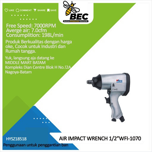 [HYSZ18518] AIR IMPACT  WRENCH  1/2&quot;  WFI-1070  Free Speed  7000RPM ,Average air 5cfm Consumption  141L/min