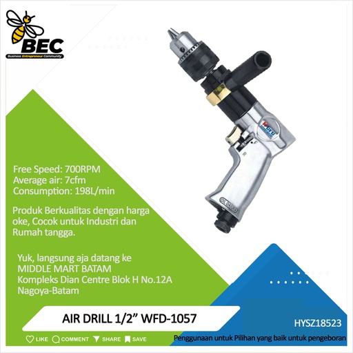 [HYSZ18523] AIR  DRILL 1/2&quot; WFD-1057 Free Speed  700RPM  Average air 7cfm Consumption 198L/min
