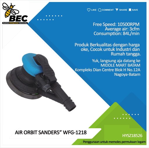 [HYSZ18526] AIR ORBIT SANDER 5&quot;  WFS-1638
 Free Speed  10500RPM ,Average air 3cfm Consumption 84L/min