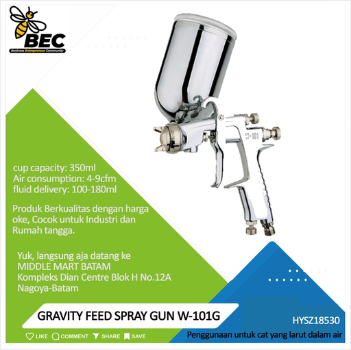 [HYSZ18530] GRAVITY FEED SPRAY GUN  W-101G   air consumption(100%):4-9cfm  cup capacity:350ml  nozzle size:1.3mm 1.5mm  fluid (water) delivery:100-180ml/min