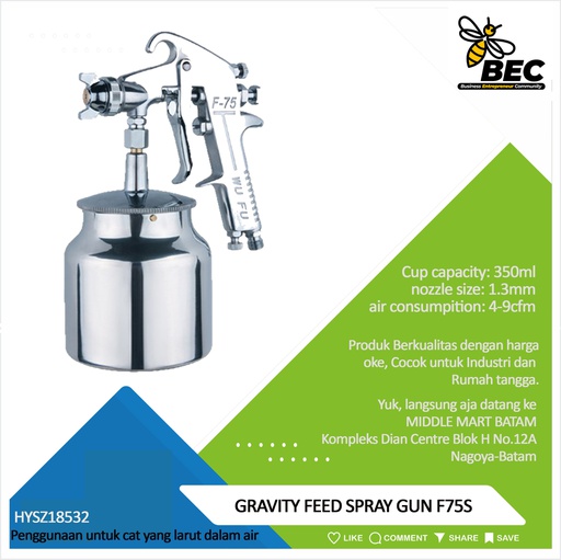 [HYSZ18532] GRAVITY FEED SPRAY GUN F-75S  air consumption (100% ):2-6 cfm  cup capacity:350 ml  nozzle size:1.3 mm 1.5mm  fluid (water) delivery:100-180 ml/min