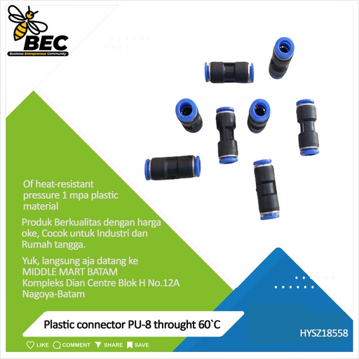 [HYSZ18558] Plastic connector  PU-8 through 60 ℃ of heat-resistant pressure 1 mpa plastic material