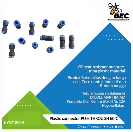[HYSZ18559] Plastic connector  PU-6 through 60 ℃ of heat-resistant pressure 1 mpa plastic material