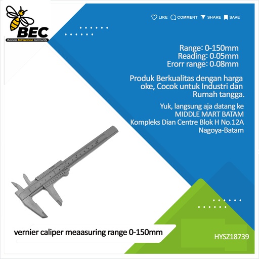 [HYSZ18739] Vernier caliper Meaasuring range:0-150mm Reading:0.05mm Error range:±0.08mm