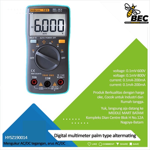 [HYSZ190014] Digital multimeter palm type Alternating voltage：0.1mV-600V Direct voltage：0.1mV-800V Direct current:0.1mA-200mA Alternating current:0.1mA-200mA Resistance:0.1Ω-20MΩ
