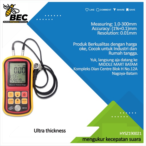 [HYSZ190021] Ultrasonic thickness meter Measuring:1.0-300mm(steel) Accuracy:±(1%+0.1)mm Resolution:0.01mm