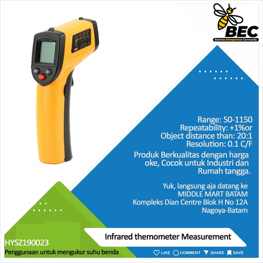 [HYSZ190023] Infrared thermometer Measurement range: - 50-1150 ℃ (-58-2102F) Accuracy: ±1.5% or ±1.5 ℃ Repeatability: ±1% or ± 1 ℃ Object distance than:20:1 Emissivity:0.10-1.00 adjustable Resolution: 0.1 ℃ / F