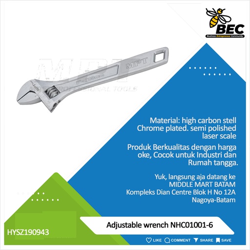 [HYSZ190943] Adjustable wrench NHC01001-6. Size:6&quot;/150 mm. Material: High carbon steel. Chrome plated.semi polished.laser scale